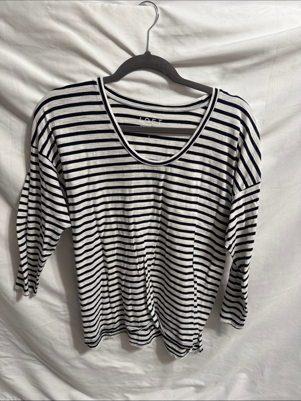 LOFT Black & White Striped 3/4 length Sleeve Scoop Neck Tee